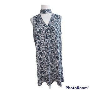 Dalia Navy Blue Floral Shift Dress Chocker Neckline Keyhole Back.